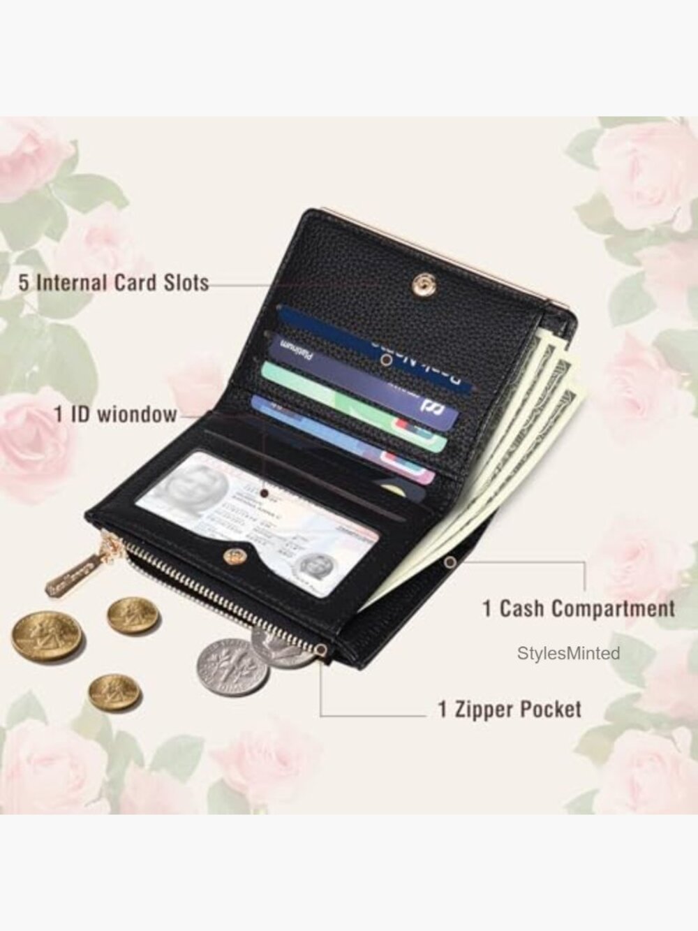 Bifold Embroidery Flower RFID Blocking Wallet with Zipper Pocket - Picture 2 of 7